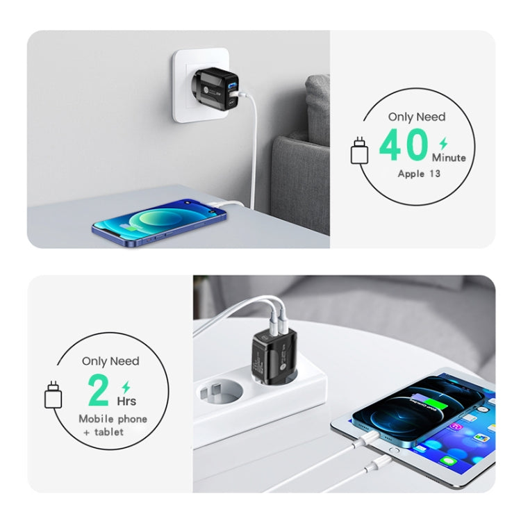 PD25W USB-C / Type-C + QC3.0 USB Dual Ports Fast Charger with USB-C to 8 Pin Data Cable, US Plug, US Plug + USB-C to 8 Pin Cable